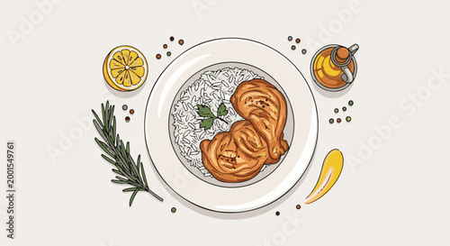 Chicken and rice dish with lemon, rosemary, and peppercorns