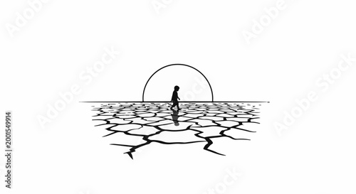 Child walks across cracked earth towards a setting sun