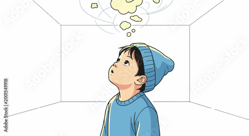 Child wearing a blue beanie and sweater, looking up in wonder
