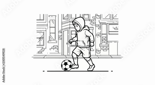 Child wearing a hoodie playing soccer on a street