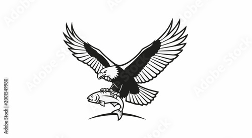 Bold eagle with wings spread wide clasps a fish in its talons, descending