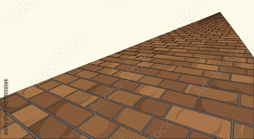 Brown brick pathway receding into distance under a pale sky