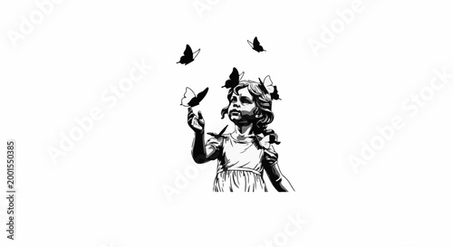 Child's gaze meets fluttering butterflies, delicate wings adorn innocence