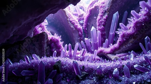 Ultra-Detailed Amethyst Geode Interior with Towering Crystalline Purple Formations in Cinematic Light