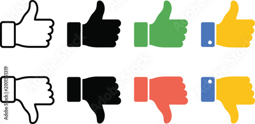 Thumbs up icon. Thumb down symbol. Like button finger up vector illustration. Dislike sign. Approve pictogram. Hand finger emoji. Positive and negative vote concept.