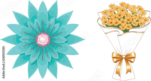 Elegant floral vector set featuring turquoise layered blossom and wrapped bouquet of small yellow flowers with ribbon isolated on light background