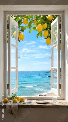 Mediterranean Sea View Through White Window with Fresh Lemons and Coastal Scenery