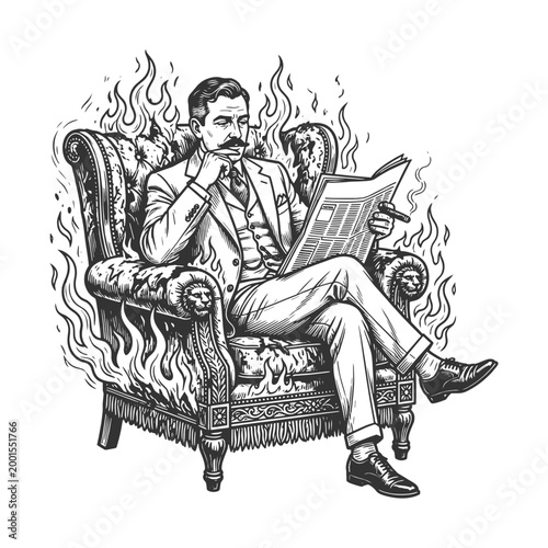 calm gentleman smoking and reading newspaper in an ornate armchair surrounded by flames sketch engraving generative ai vector illustration. Scratch board imitation. Black and white image.