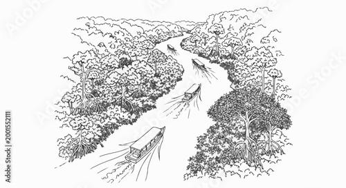 Boats navigate a winding river through a dense, tropical forest