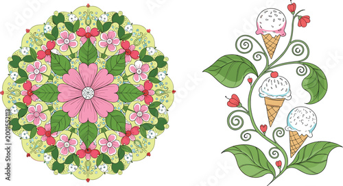 Floral mandala and decorative ice cream plant illustration set with colorful flowers, leaves, and sweet elements in vector design