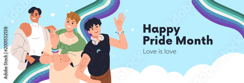 Pride Month background, horizontal banner design with gay men, LGBT people. L...