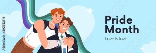Pride Month background with homosexual gay male partners, love couple, happy ...