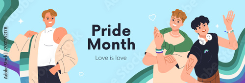 Pride Month celebration banner with gay men celebrating with LGBT flag. Horiz...