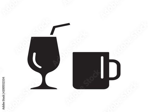 wine glass and coffee mug with straw vector flat design illustration