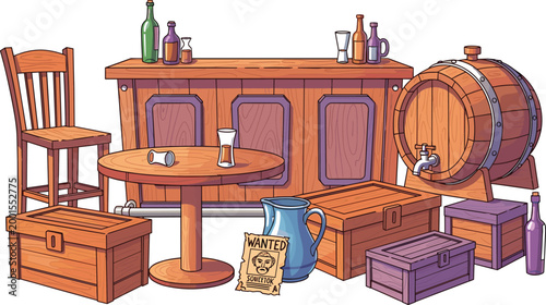 Old western saloon furniture set with wooden bar, barrels, crates, and bottles illustrating vintage tavern interior and rustic vector illustration