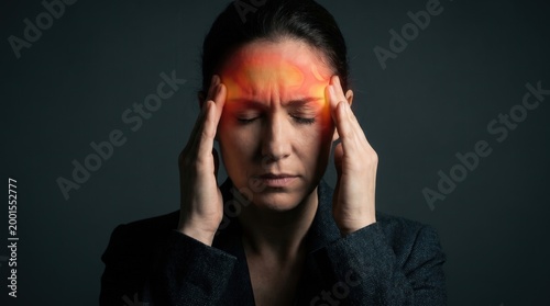 Headache and migraine pain concept, stressed woman touching temples with red heat map on forehead. Sinus pressure, chronic tension and medical illustration of fever symptoms.