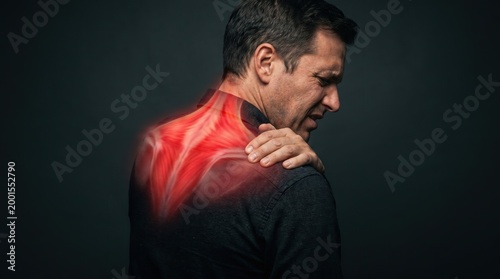 Neck and shoulder muscle pain concept with man suffering from chronic strain, red anatomical glow. Healthcare, physiotherapy and medical treatment for upper back injury.