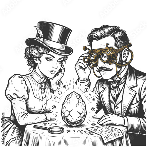Victorian couple examining a mysterious crystal with goggles, notes, and magnifying glass sketch engraving generative ai vector illustration. Scratch board imitation. Black and white image.