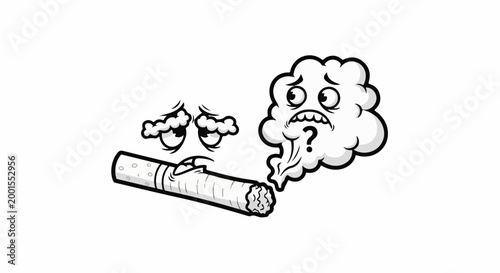 Cartoon cigarette with a face exhales smoke forming another face asking a question