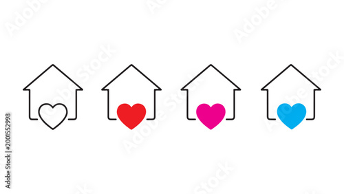 Four house icons with hearts in different colors on white background