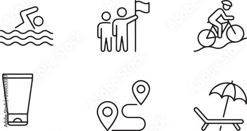 Vector icons representing summer activities like swimming cycling and relaxation with travel planning symbols