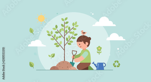 Woman planting a small green tree.
