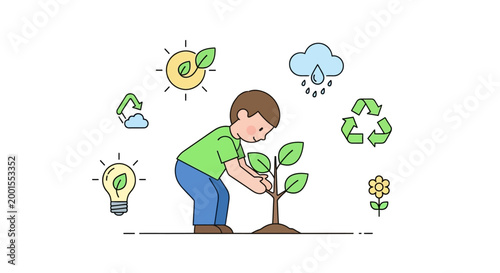 Man Planting Small Green Leafy Tree.