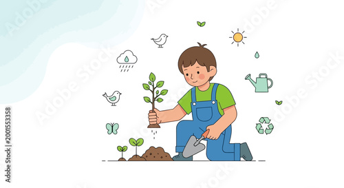 Boy Planting a Young Green Tree.