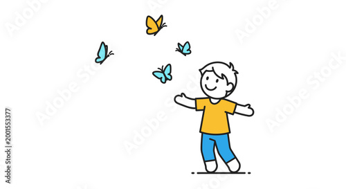 Happy little boy watching butterflies fly.