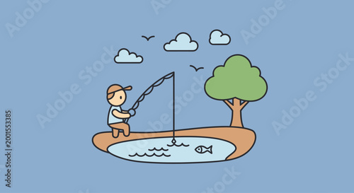 Young Boy Fishing with Big Catch.