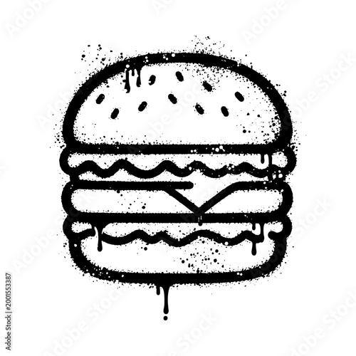 Urban graffiti style burger icon with spray paint drips and grunge texture