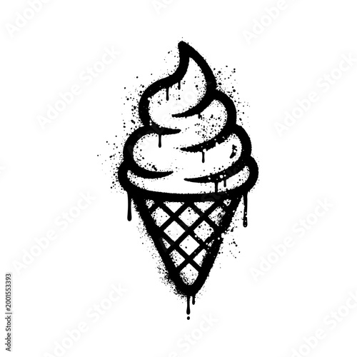 Soft serve ice cream cone graffiti icon with spray paint texture drips