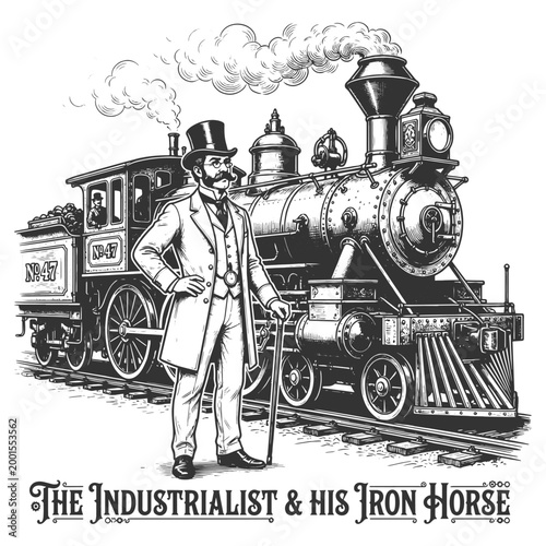 dapper Victorian man standing beside a smoking steam train at a station sketch engraving generative ai fictional character vector illustration. Scratch board imitation. Black and white image.