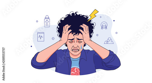 Young man with curly hair crying and holding his head in distress representing mental health struggles and headache.