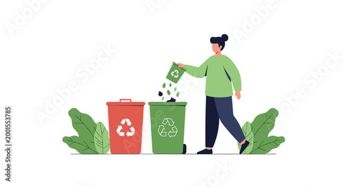 Responsible woman sorting domestic waste by putting paper and plastic items into different colored recycling bins.