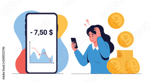 Worried businesswoman looking at her smartphone showing a declining stock market graph and loss of financial value.