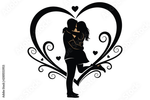 Silhouetted couple embracing within a decorative heart shape expressing love and affection