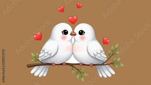 Two adorable white doves perched on a branch sharing a loving moment with hearts