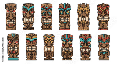 Detailed collection of traditional wooden tiki mask illustrations with different vibrant colors and fierce expressions.