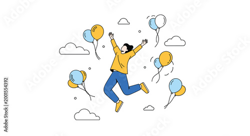 Joyful individual jumps high into the air surrounded by floating colorful balloons and soft clouds, expressing pure happiness and fun.