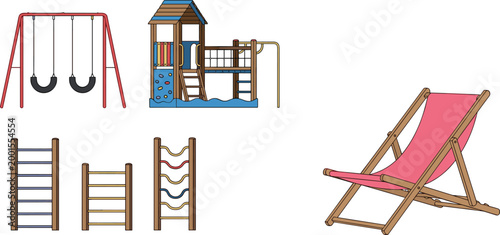 Playground equipment and deck chair set with swings, climbing frames, and outdoor seating illustrating recreation, kids activities, and vector illustration
