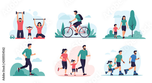 Various people maintain a healthy lifestyle by participating in fitness activities like weightlifting, cycling, running, and skating.