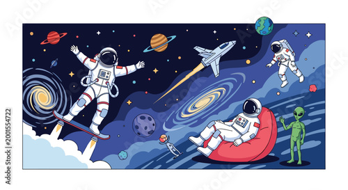 Pixel art scene depicts astronauts having fun in deep space by skateboarding, lounging, and meeting a friendly green alien character.