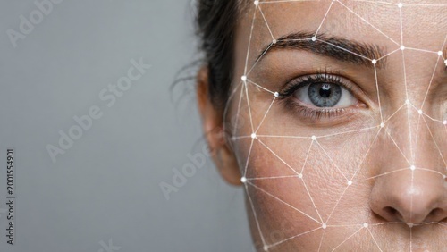 Biometric face identification close up with digital facial mapping overlay, woman identity verification and artificial intelligence security concept with detailed facial scan