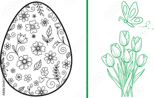 Easter egg with floral pattern and tulip bouquet with butterfly coloring page vector illustration isolated on white background