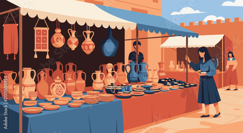 Traditional outdoor market stall displays a wide variety of handmade clay pottery items including vases, bowls, and decorative jugs.