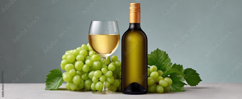 Obraz premium A white wine bottle and a glass dance with green grapes on a soft canvas