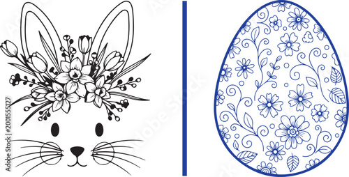 Easter bunny face with floral crown and decorative patterned egg vector illustration isolated on white background