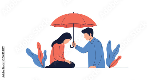 Kind man holds a red umbrella to protect a sad woman from the rain, illustrating a conceptual scene of empathy, care, and support.