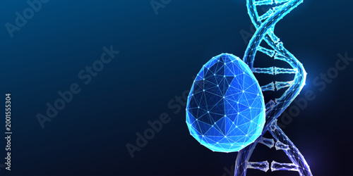 Genetic engineering concept with DNA helix and egg symbol. Biotechnology innovation blue vector